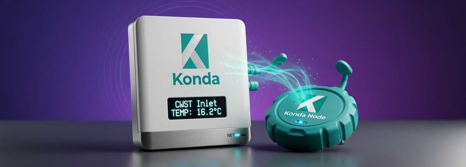 Konda Hub showing a live CWST inlet temperature of 16.2°C, with a teal Konda Node sensor beside it sending data wirelessly